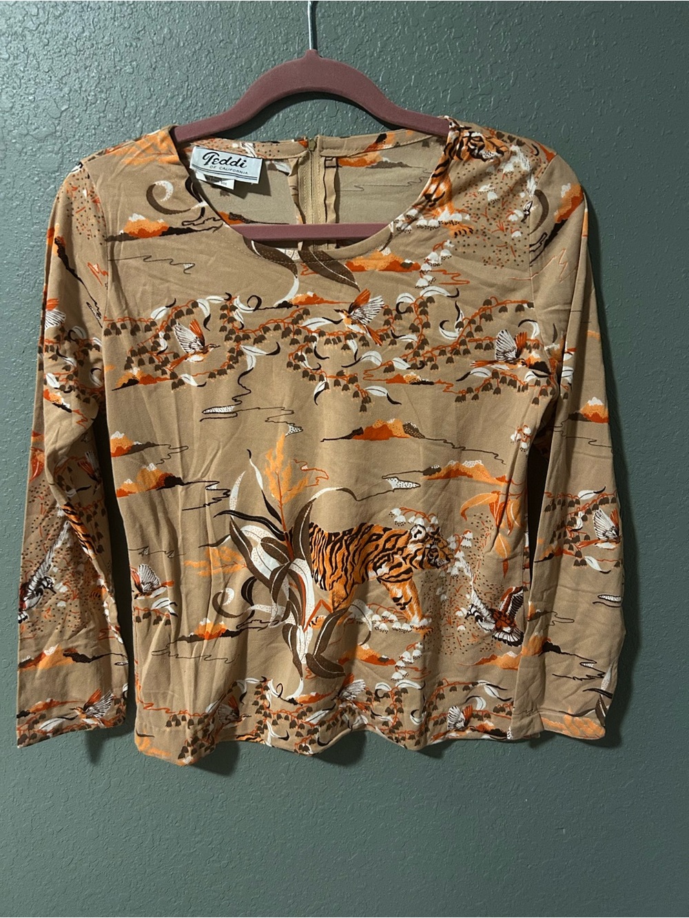 Vintage Teddi of California 3/4 sleeve blouse with tiger and crane print
